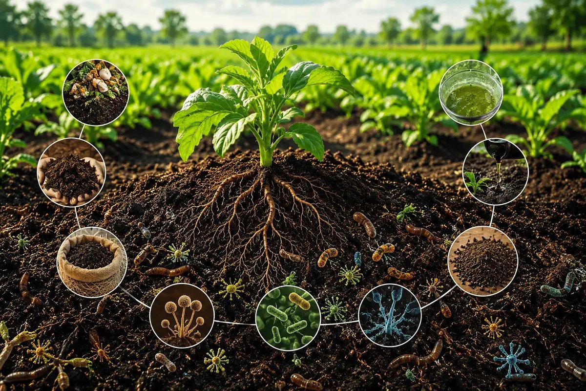 Healthy crop roots supported by organic soil amendments, beneficial microbes, and advanced soil health management practices.